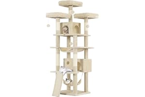 MSmask Arbre à Chat XXL Hauteur 194 cm, Centre d'activité Géant avec 3 Grandes Plate-Formes, 2 Niches Spacieuses, 2 Hamacs et 1 Planche à Gratter, Multi-Niveau avec Poteaux en Sisal, Beige