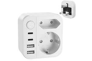 UK 6-i-1 reseadapter med strömbrytare, 2 USB-C och 2 USB (3,4 A) - resekontakt typ G, UK-till-EU-kontaktadapter för kontakter