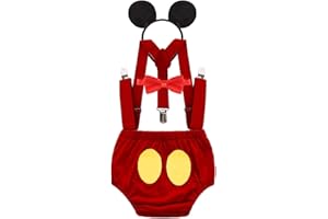 FMYFWY Costume da Topolino, Neonato Bambino 1 ° Compleanno Outfits per Festa Fotografia Carnevale Halloween Cosplay, Pantaloncini + Bretelle + Papillon + Fascia per Topolino, 4 Pezzi