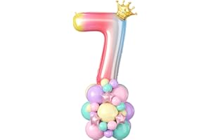 DOMGOGE 40 Inch Number 7 Balloon Rainbow Gradient Number 7 Foil Balloons Giant Digital Seven Balloon Tower Stand with Crown Large Big Balloons Stack for Girls Women 7th Birthday Anniversary Party Decorations