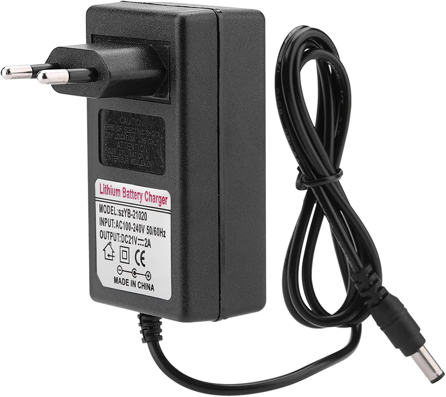 Buachois Cargador de Batería de Lones de Litio, AC DC 21V 2A (100-240V) Adaptador de Fuente de Alimentación de Carga Segura con Núcleo de Cobre Grueso Aleación para Coches de Equilibrio (Enchufe EU)
