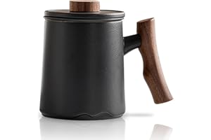 JanYoo Filiżanka do herbaty z pokrywką i sitkiem, 360 ml, uchwyt z palisandru, ceramiczny, luźny, matowy, kamionkowy, glazurowane, do herbaty do namaczania, czarna
