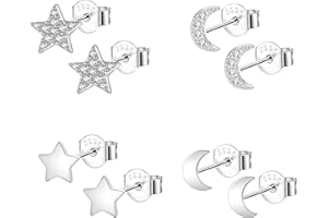 Epoch World 4 pary kolczyków damskich, srebro wysokiej próby 925, srebrne, księżyc, gwiazdy, małe kolczyki na sztyfcie, hipoalergiczne, srebrne, gwiazdki, cyrkonie, dla kobiet i dziewcząt