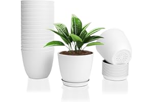 FORAGIFT 16 Pack 15cm Plastic Plant Pots for Indoor Flower Pots, Heavy Duty and Stylish Plant Pots for Indoor Plants with Drainage Holes and Tray for Plants, Flowers, White