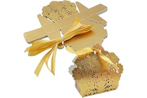 ONEBO 25 Pezzi Scatola di carta per caramelle,Scatola Natalizia Confezione Regalo,Scatola di favore con nastro,per Caramelle Cioccolato Biscotti,per Decorazioni Natalizie Fai da Te(Oro)