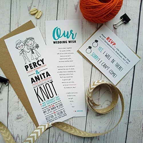 Personalised Lovers Picture Tie The Knot Wedding Invitation Set with RSVP and Wish Poem, Caricature Wedding Invites Handmade (Pack of 10)