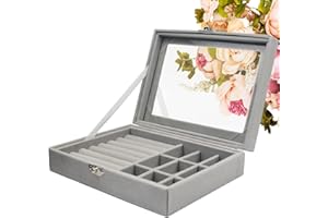 SUPPRUI Earrings Storage Organiser Velvet Jewellery Rings Display Box with Clear Lid Showcase for Home, Shop, Dressing Room (Grey- 7 Slots and 9 Grids)