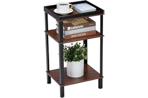 YEAKOO Side Table for Small Spaces,3 Tier End Table with Metal Tabletop Tray Storage Shelf, Small Narrow Thin End Table Bedside Table,Nightstand for Hallway,Living Room, Bedroom, Office/Cherry