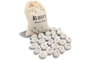 PURAJA Juego de piedras rúnicas: cerámica | con alfabeto Elder Futhark | 25 piedras rúnicas de cerámica en bolsa de algodón | Juego de runas mágicas