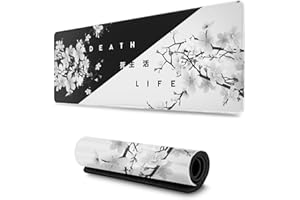 TSNPNA Black and White Japanese Cherry Tree Blosson Gaming Mouse Pad XL, Extended Large Mat Desk Pad, Stitched Edge, Long Non-Slip Rubber Base Mouse Pad 31.5 X 11.8 Inch