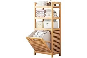 Solerconm Panier à Linge en Bambou, Panier de Rangement Grand Espace, Poubelle à Vêtements avec Sacs Amovibles en Tissu Oxford et 3 Étagères pour Chambre, Salle de Bain