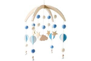 Promise Babe Mobile Baby Wind Chimes Felt Balls Moon Stars Mobile Mongolfiera in legno Baby Boys Girls Bed Bell Ciondolo da appendere Crib Star Moon Hot Air Balloon Mobile Blue Windpspiel Bedbell Deco