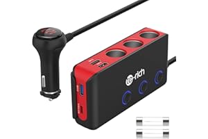 TE-RICH Cigarette Lighter Adapter, USB C Car Charger Fast Charge(20W USB C & 18W QC 3.0), Multi Socket Car Charger Adapter, 3 Cigarette Socket & 4 USB Port(5V/10.4 A), 12V Extension Lead for Sat Nav/Van/Truck