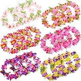 corona de flores hawaiana Material: todas las flores están hechas de tejidos de poliéster suave; La cuerda resistente que conecta las flores está hecha de elástico; Cada flor está separada por un pequeño tubo de plástico, que proporciona protección para las manos y la cara de los niños