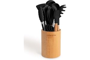 CREATE/Set de utensilios negro y madera / 11 utensilios, silicona y madera de haya, libres de BPA, resistente al calor hasta 230°C