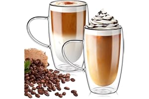 TKNO Set of 2 Pack 450ml Double Walled Tall Glasses Mugs Cups with Handle for Tea Latte Juice Ice Cream Borosilicate Heat Resistant Large Glass Cups, Microwave Safe, Ideal for Hot/Cold