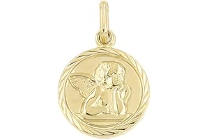 FORME DI LUCCHETTA Lucchetta - Guardian Angel Pendant of God Medal Made of 9 Carat Yellow Gold, 12 mm Diameter, Gold Pendant for Men and Women 375 Real Gold