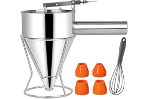 Wenbones Embudo de Pistón, 1200Ml Embudo de Pistón de acero Inoxidable, Dispensador de Masa, Con soporte y 4 boquillas diferentes, un agitador, para Postres, Magdalenas, Tortitas, Cupcakes