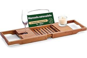 Avilia – Vassoio Vasca da Bagno Estensibile in Bambù 70-104 cm con Porta Oggetti, Calice, Sapone, Spugna e Leggio Regolabile, 22 x 70/104 x 4,5 cm, Elegante Mensola Bagno Impermeabile