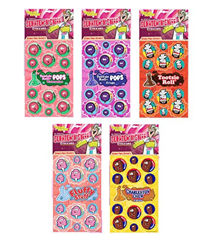 Dr. Stinky's Scratch N Sniff Stickers 5-Pack- Tootsie Roll Pops Watermelon, Tootsie Roll Pops Grape, Tootsie Roll, Fluffy Stuff Cotton Candy, Charleston Chew