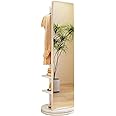 Solid Wood Full Length Mirror with Coat Rack, 2-In-1 Freestanding Floor Mirror With 360° Rotating Base And Hooks, For Living Room, Bedroom And Apartment (White)