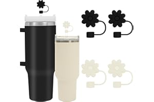 FOSFUKEER Pokrywka słomkowa, 4 sztuki, śliczne słomki, silikonowe, 10 mm, wielokrotnego użytku, kolor biały, czarny kwiat (czarny i biały)