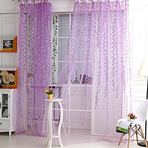 Generic Weidenzweige Pflanze Muster , Transparente Voile Vorhänge Vorhang Volant für Fenster Hochzeit im Sommer Dekoration – Lila, 200 x 100cm - 6