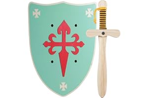 GERILEO Espada y Escudo de Caballero de Madera Artesanales - Juguete para Niños y Niñas - Complemento para Juegos, Juegos Imitación, Disfraz, Medieval, Guerrero, Fiesta Temática, Edad Media (Escudo Verde)