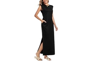 WUWUSKY Damen Maxikleid ärmellos mit Rundhals und Seitenschlitz – Elegantes lässiges Kleid mit Zwei Taschen