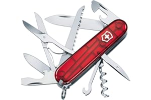 Victorinox Huntsman, Swiss Army Knife, Navaja suiza multiusos con 15 funciones, incluyendo tijeras, sierra para madera y sacacorchos, Rojo Transparente