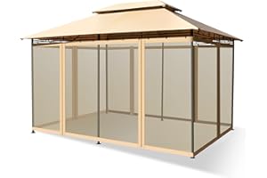 COSTWAY Carpas para Exteriores 4x3m, Cenadores para Jardin con Red Removible y Dobles Techos， Estructura en Acero Reforzado, Pergolas de Jardin Camping Playa (café)