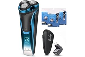AMURHEY Máquina de Afeitar Eléctrica con 3 cuchillas de repuesto & Funda de viaje & Adaptador, Afeitadora Eléctrica Para Hombrecon uso en Seco y en Mojado, Recargable, Inalámbrica, Cabezales Giratorios 4D