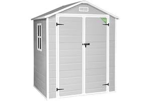 Wasabi - Caseta Jardín Resina Aqua 2.6 – Ventana Luz Natural - Suelo Incluido - Paneles 12mm Espesor - Gris Blanco - Armario PVC Exterior - 2,39m2 - Techo Dos Aguas