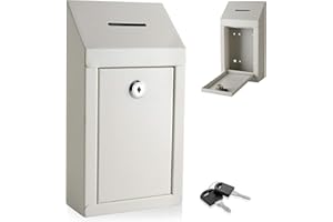 MY CHARITY BOXES Boîte à suggestions en métal avec fente supérieure pour pièces de monnaie et serrure incluses avec 2 clés – Montage mural facile ou utilisation sur le comptoir (blanc cassé)