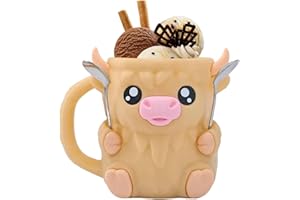 Leseogye Highland Cow Ice Cream Holder, 3D Printed Ice Cream Cone Holder with Drawer & 2 Spoons, Ice Cream Holder for 16oz Pints, Highland Cow Gifts for Lovers, Highland Cow Cup (Beige)