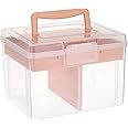 IGNPION Clear Craft Stackable Storage Box with Storage Tray Plastic 6-compartment Mulit Purpose Storage Container for Storing&Organising Toys, Arts Crafts, Stationery, Sewing, Fishing Tackle, Pink