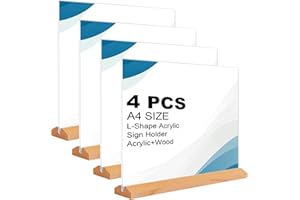 APACALI 4 Unidades de Soporte A4 de Mesa Horizontal, Acrílico, Expositor Con Base de Madera, Letrero de Doble Cara en L Para Publicidad
