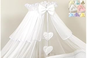 Pro Cosmo De Luxe Grande Blanc Moustiquaire Ciel de lit Baldaquin 480x150 cm + Support Flèche de lit + Cœurs décoratifs pour Lit Berceau de Bébé - Blanc