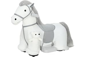 AIYAPLAY Caballito Eléctrico con Música, Batería 6V, Caballo de Juguete Eléctrico, Tacto Suave, Ruedas Silenciosas de PU, Marcha Adelante, Regalo para Niños y Niñas de 1,5 a 5 Años, Blanco