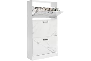 Blisswood 3 Drawer Shoe Cabinet Cupboard, Pull Down Shoe Storage Organiser Wooden Furniture Unit, 3 Tier Entryway Shoes Rack Cabinet Footwear Stand for Living Room Hallway Furniture (Marble White)