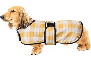 GEYECETE Dog Jacket Adjustable Lightweight Dachshund Raincoat with Reflective Straps and Harness Hole Best Gift for Dachshund -Yellow Grid -M