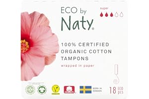 Eco by Naty Tampones sin Aplicador Super - Tampones de Base Vegetal y Absorbentes para la Mujer, Producto Menstrual de Algodón Ecológico, Mejor para la Salud Femenina (18 unidades)