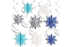 SULOLI Christmas Snowflake Hanging Swirls Decoration, 26 Pieces 3D Snowflake Silver Blue White with Ceiling Swirls for Christmas Decorations