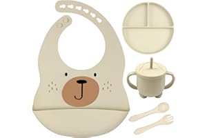 LAUTOKI - Vajilla bebe. Set 6 pcs, Vajilla bebe silicona, Vaso aprendizaje bebe, Vajilla infantil, Libre de BPA, Cuchara bebe aprendizaje, Plato bebe ventosa, Cubiertos bebe, Babero silicona bebe, BLW