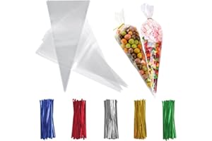 Recon Up 13×25cm Crystal Clean sweet cone bags 100Pcs cellophane bags with Coloured twist ties, Triangle Transparent for Halloween Christmas Party Snacks, Chocolates, Candy