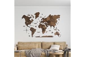 ENJOY THE WOOD Mapa Mundial de Madera 3D Arte de Pared Gran Decoración de Pared para Regalo de Inauguración de Casa Idea de Regalo de Inauguración de Casa (M, Dark Walnut)