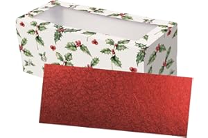 Culpitt Vintage Holly Cake Box and Red Cake Board, Rectangular Cake Card and Box Combo For Christmas Yule Logs And Festive Bakes - 12 inch