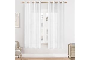 Softalker Rideau Voilage Blanc Semi-Transparent 140x145 cm 2 Pièce Rideaux Court Voilages à Oeillet en Effet Lin Rideaux pour Tringle Décorations d'intérieur de Fenêtre Salon Chambre Cuisine Enfant