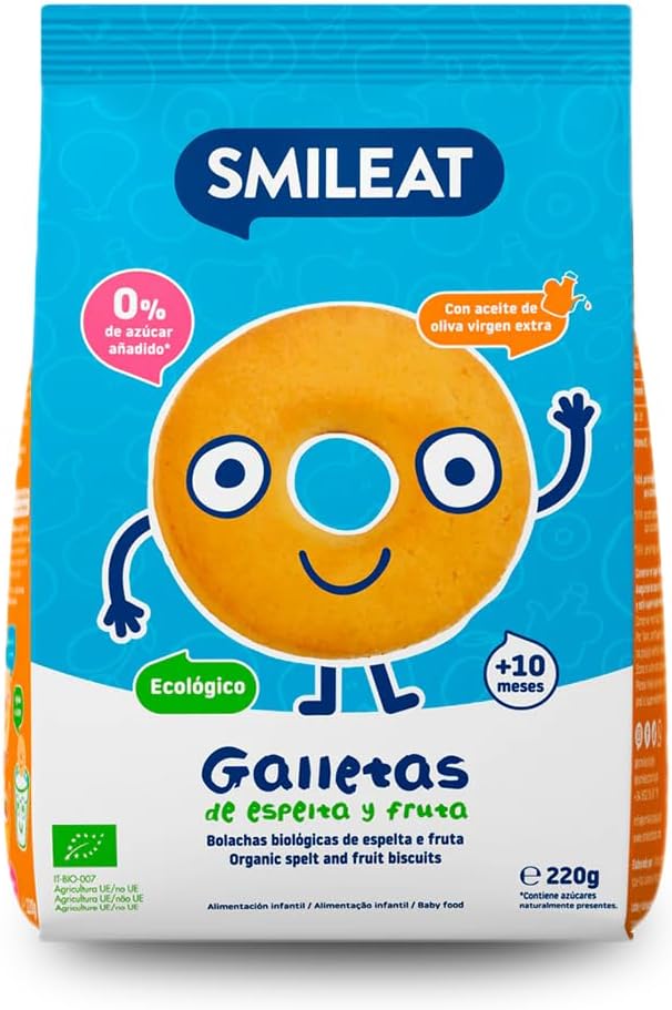 Smileat - Galletas de Espelta y Fruta para Peques 10+ meses - Sin Azúcar Añadido, Con Aceite de Oliva Virgen Extra- Perfectas Como Snack o Merienda - 220g