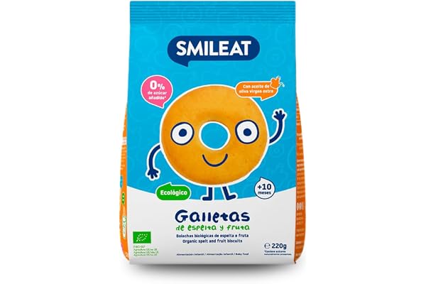 Smileat Galletas de Espelta y Fruta para Peques 10+ Meses, 220 g | Con aceite de oliva virgen extra y textura crujiente; para tomar enteras, mojadas o acompañadas